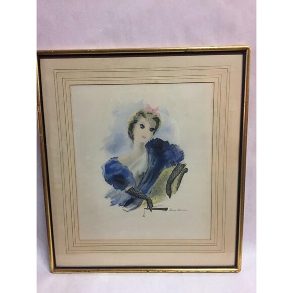 Watercolor Lithograph Portrait of Blue Woman Signed by Artist Framed and Matted